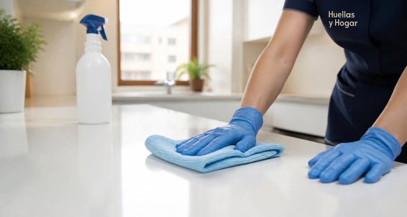 Profesional de limpieza de Huellas y Hogar limpiando una encimera de cocina con bayeta y guantes