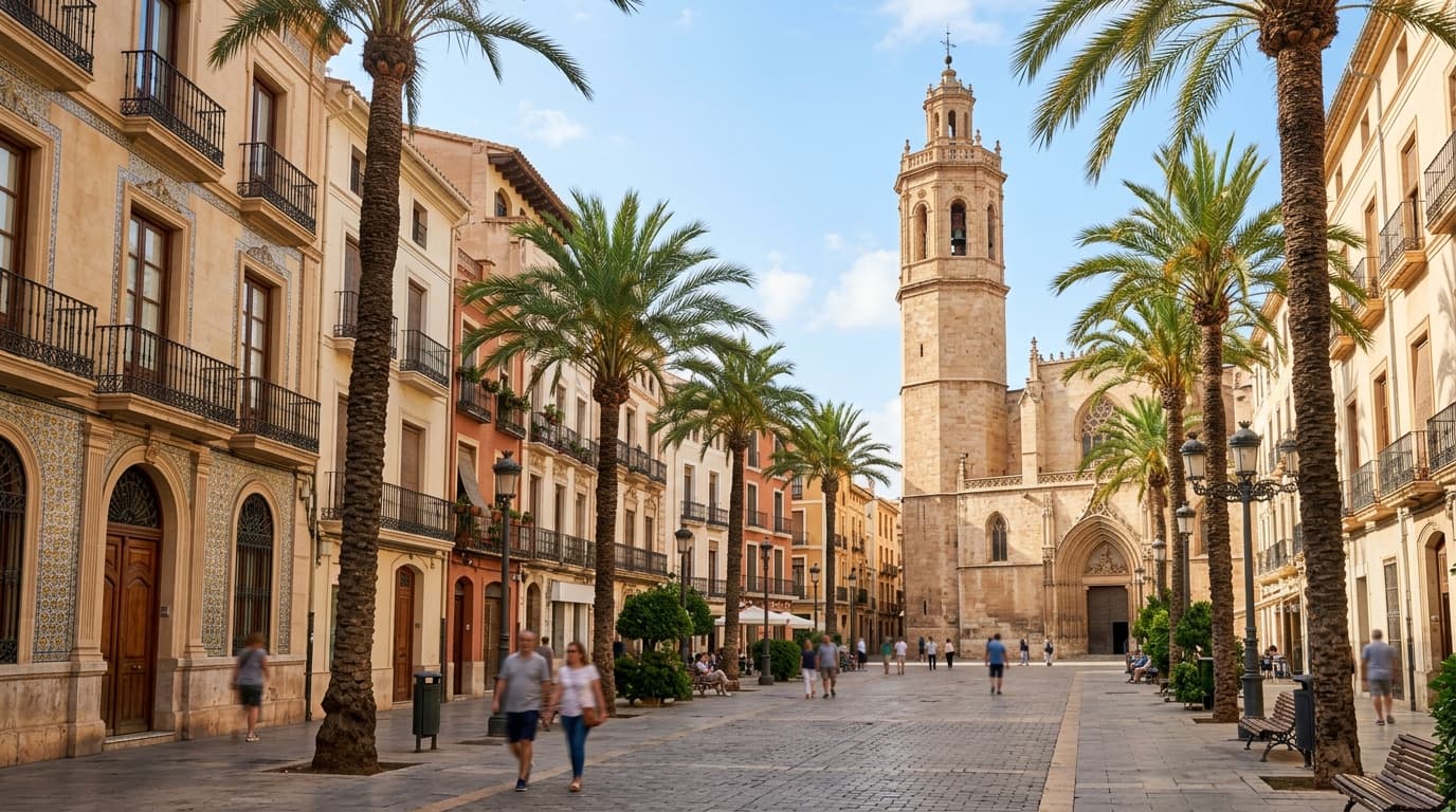 Vista del centro de Castellón de la Plana con la concatedral de Santa María y palmeras