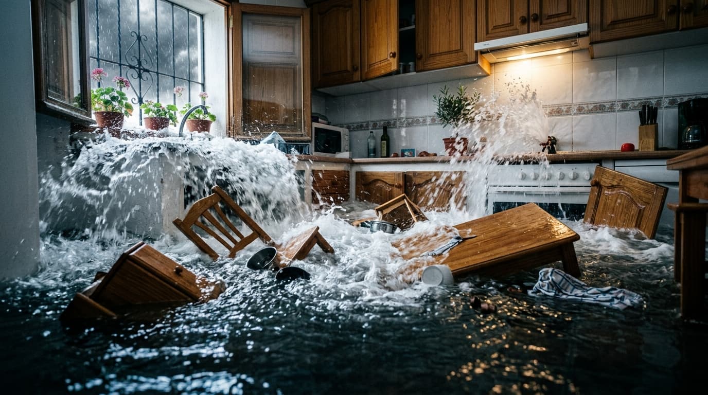 Cocina inundada por una rotura de tubería con agua saliendo a presión