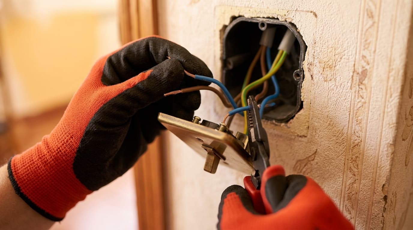 Electricista de Huellas y Hogar conectando los cables de un enchufe con herramientas de precisión