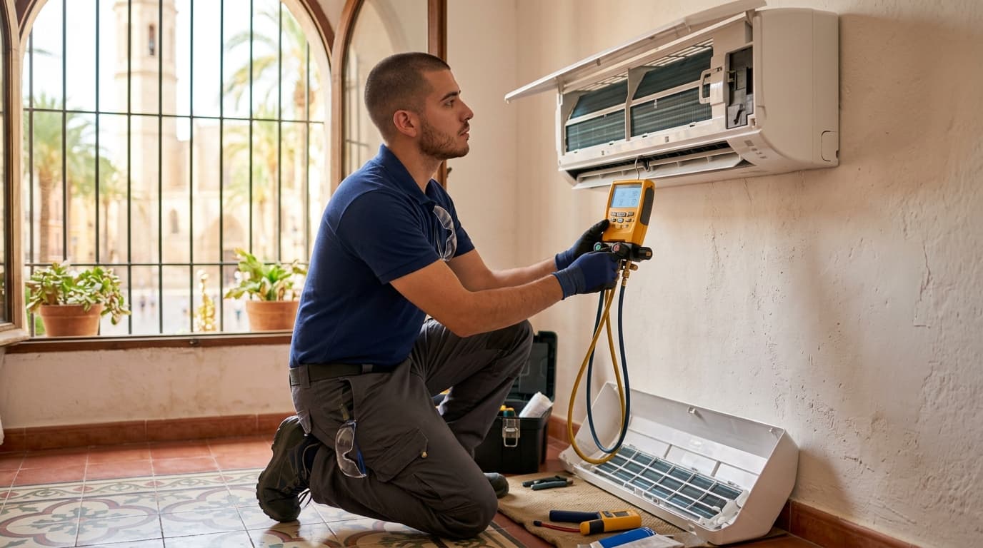 Técnico de Huellas y Hogar instalando un equipo de aire acondicionado en una vivienda de Castellón
