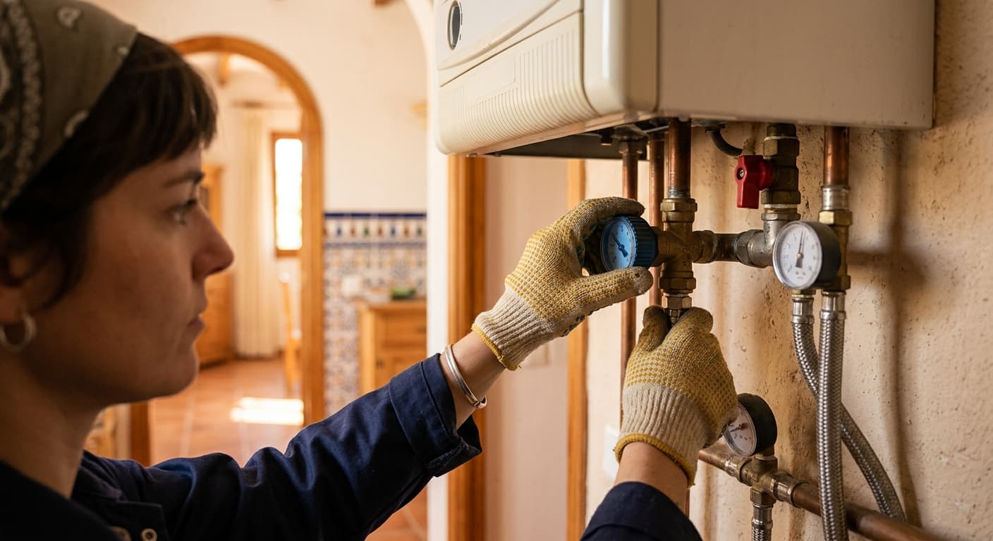 Técnica revisando las conexiones de un termo de gas en una vivienda de Castellón