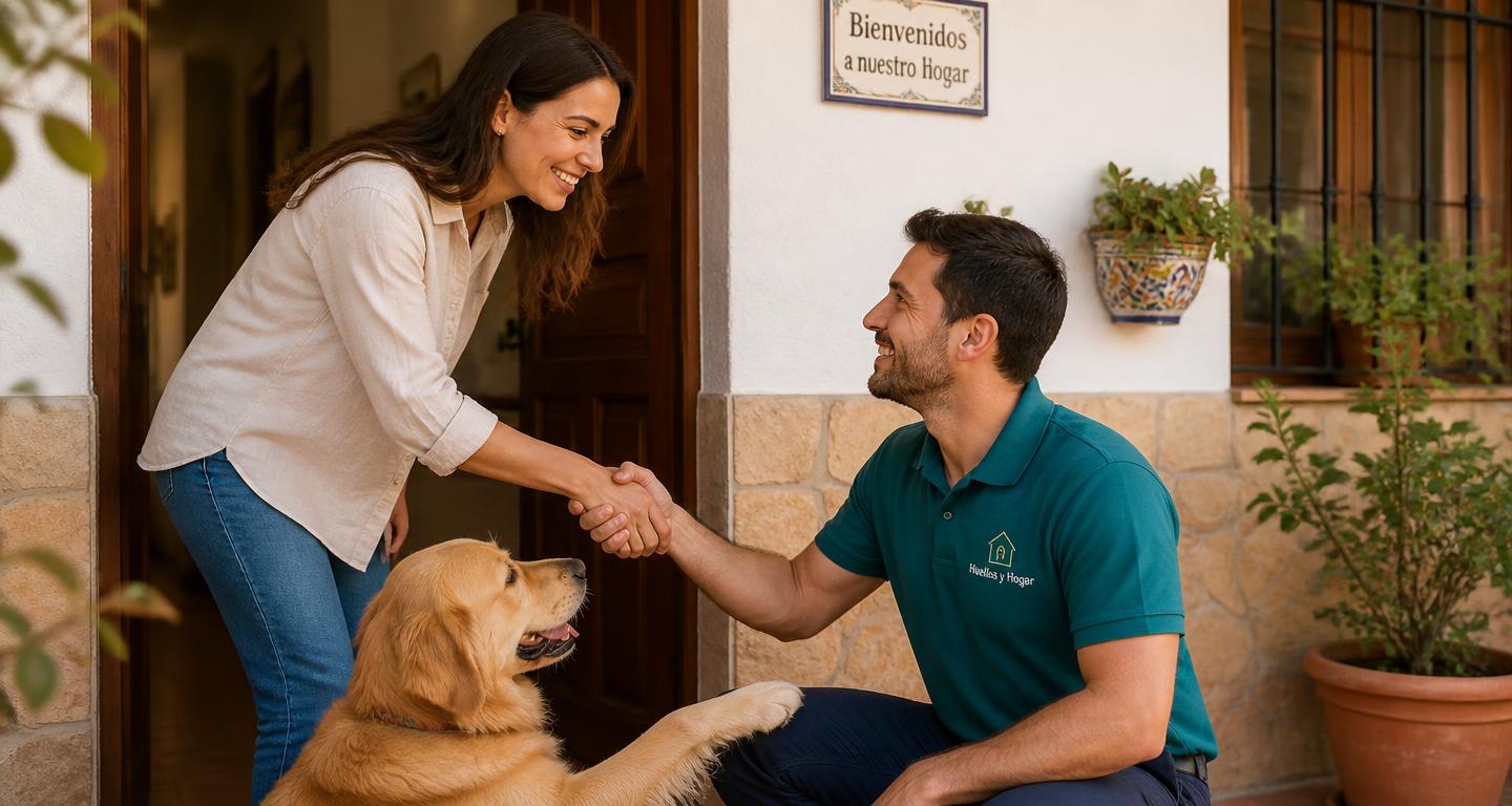 Cuidador de Huellas y Hogar saludando a la dueña de un golden retriever en la puerta de su casa