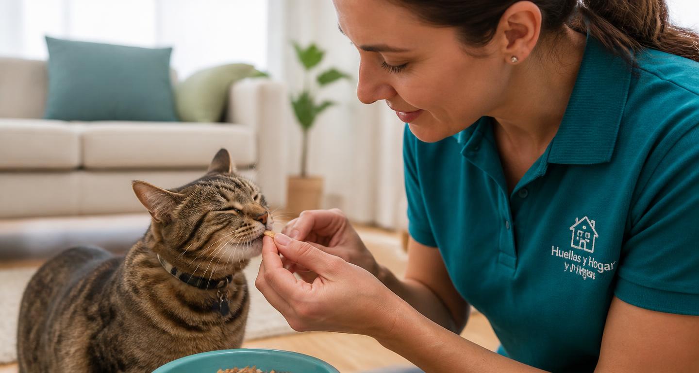 Cuidadora de Huellas y Hogar dando un premio a un gato en el salón de su casa