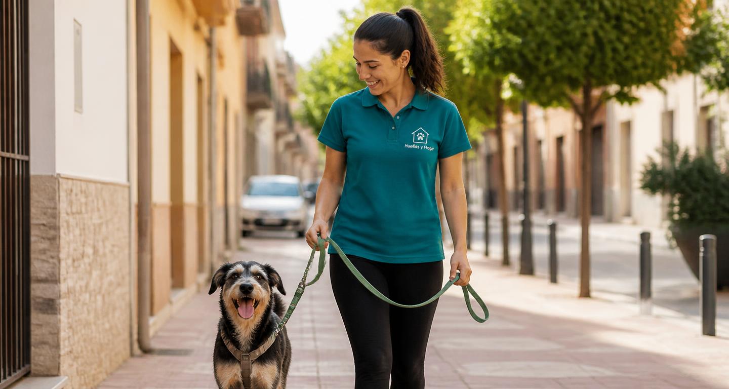 Cuidadora de Huellas y Hogar paseando a un perro alegre por una calle de Castellón