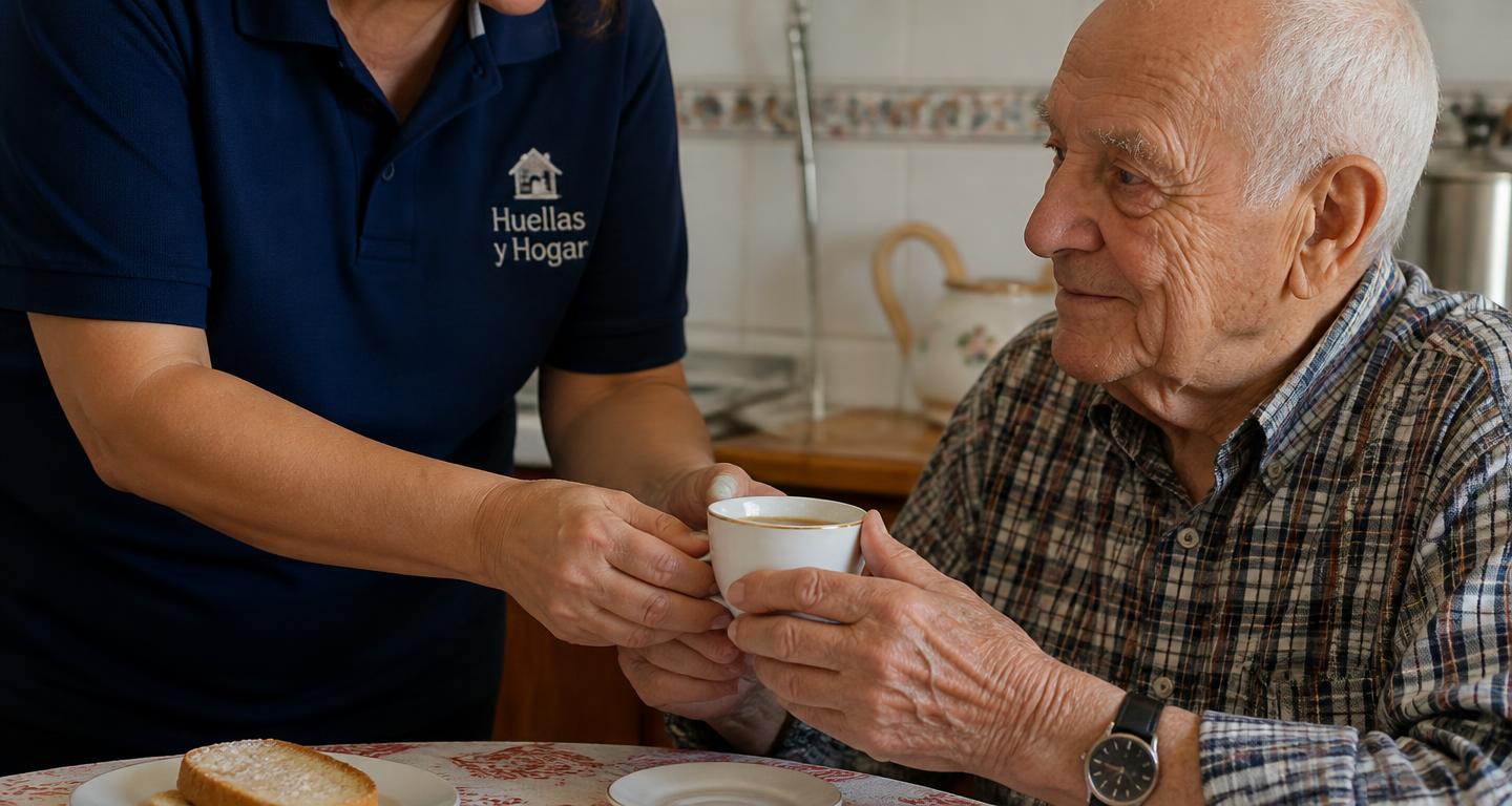 Cuidadora de Huellas y Hogar sirviendo un té a un señor mayor en la cocina de su casa